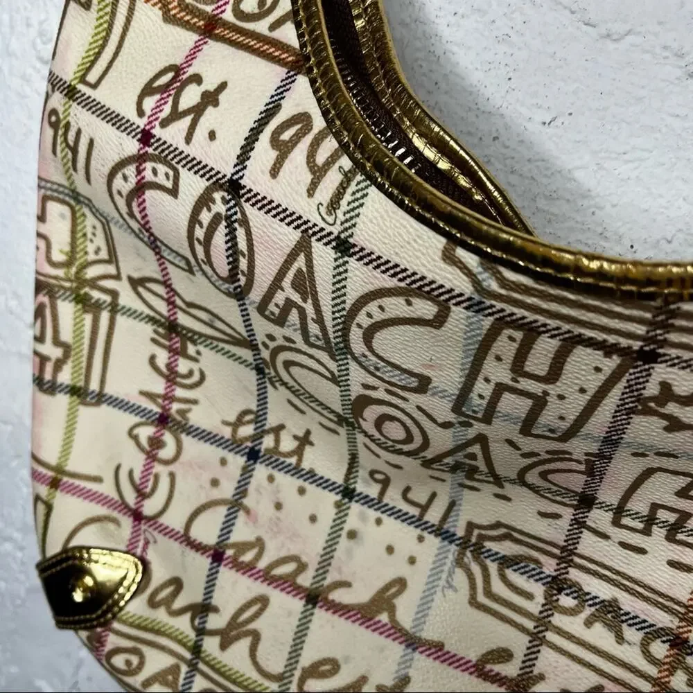 Coach Tattersole Graffiti Hobo Shoulder Bag Leather Beige Multicolor L0868-13309